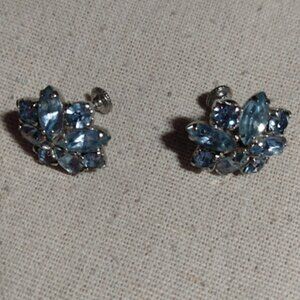 Vintage blue rhinestone floral design screw back earrings.